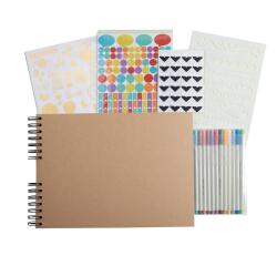 Set de Scrapbooking SCRAP-ADDICT [completo] 32x22 cm - 70 páginas (4 hojas de pegatinas 2 hojas de esquinas autoadhesivas 12 rotuladores de tinta metalizada) - Kraft marrón