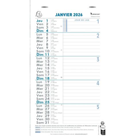 Calendrier Bloc mensuel avec feuillets détachables sans support 13 x 23 cm 2026
