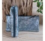 Céleste CUIR Trousse SLIM 19,5x2,5x4 cm Lazer Vert Argent