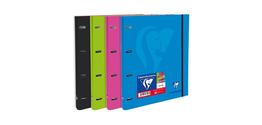 Cahier-classeur rigide Mimesys A4 à 4 anneaux diamètre 30 mm écartement 80 mm + 200 pages petits carreaux avec cadre en-tête et 4 couleurs de bandes - Assortis