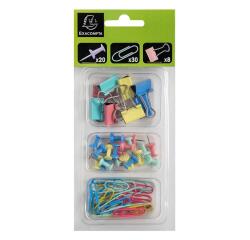 Kit de sistemas de fijación compuesto de 20 push pins, 30 clips, 8 pinzas doble clips - Sistemas de fijación - Colores surtidos