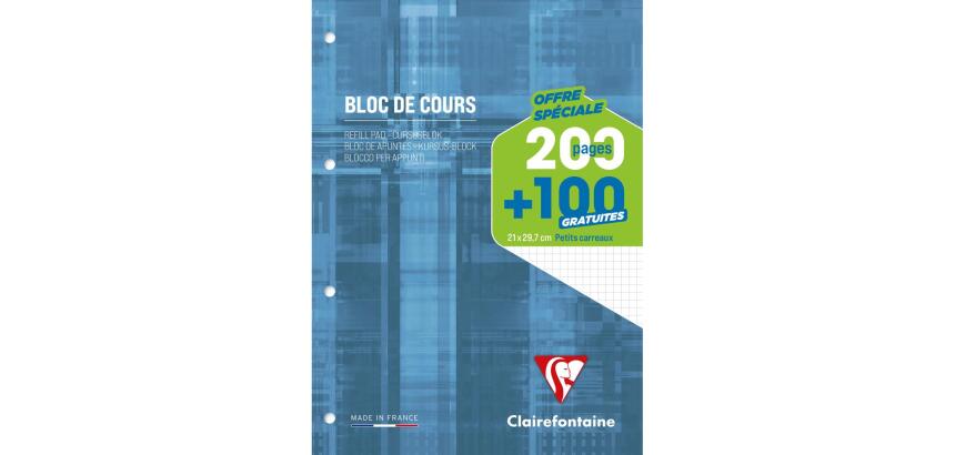 Bloc de cours encollé grand côté A4 200 pages détachables + 100 GRATUITES perforé 4 trous petits carreaux Bleu gris - Bleu gris