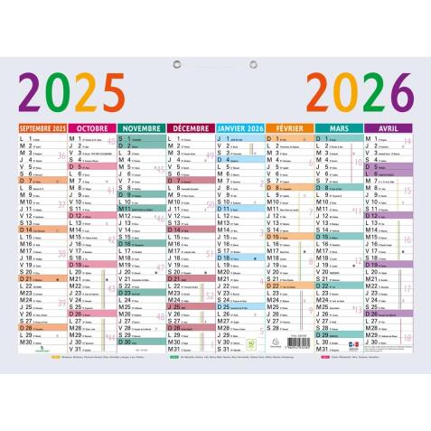 Calendrier Multicolore 55 x 40,5 cm Septembre 2025 à Décembre 2026 - Gris