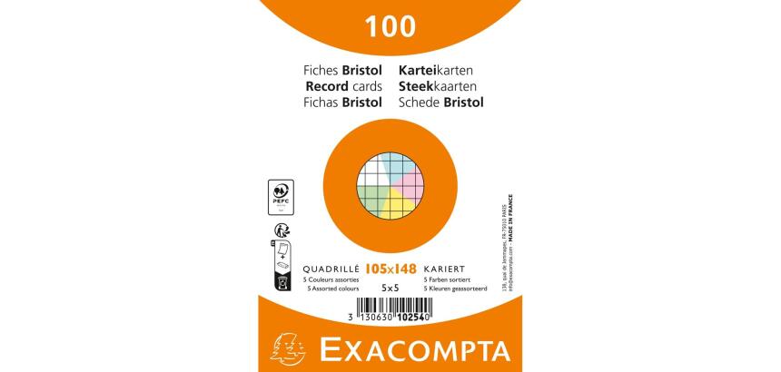 Paquet de 100 fiches sous film - Bristol quadrillé 5x5 non perforé 105x148mm - Couleurs assorties