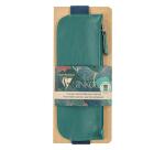 Ginkgo, Trousse en cuir réversible pour carnet A5 (2 faces : un côté cuir teinté vert sapin, un côté cuirisé bleu indigo) avec un élastique 19x7,5 cm