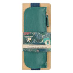 Ginkgo, Trousse en cuir réversible pour carnet A5 (2 faces : un côté cuir teinté vert sapin, un côté cuirisé bleu indigo) avec un élastique 19x7,5 cm