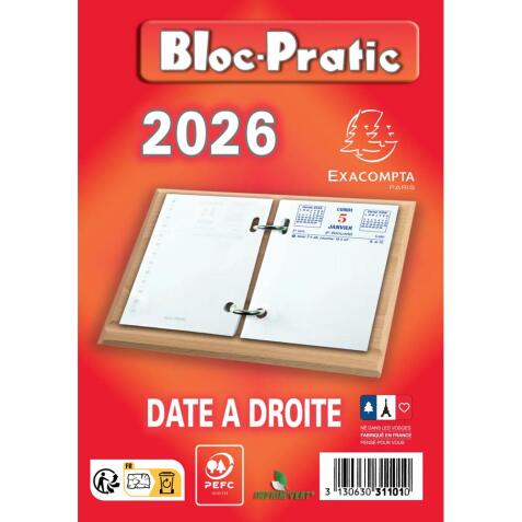 Bloc-pratic date à droite 8,2 x 12 cm - 2026 - Rouge