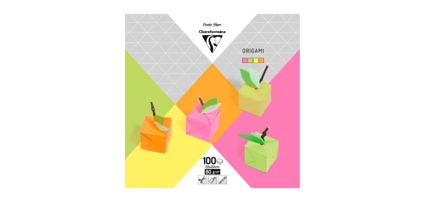 ORIGAMI, Pochette de 100 feuilles 80g/m² au format 20x20cm - Assortiment néon