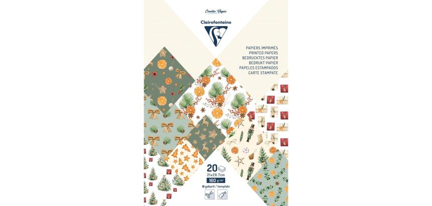 PAPIERS IMPRIMÉS, Bloc de 20 feuilles à motifs 160g/m2 au format A4 (21x29,7cm) + 1 idée créative - Noël vitaminé - Multicolore
