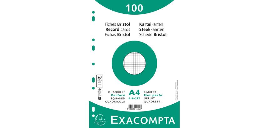 Paquet 100 fiches sous film - bristol quadrillé 5x5 perforé- 210x297mm - Blanc