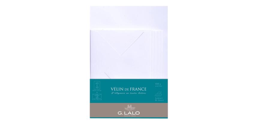 Ensemble Vélin de France 10 feuilles A5 et 5 enveloppes C6 - Blanc