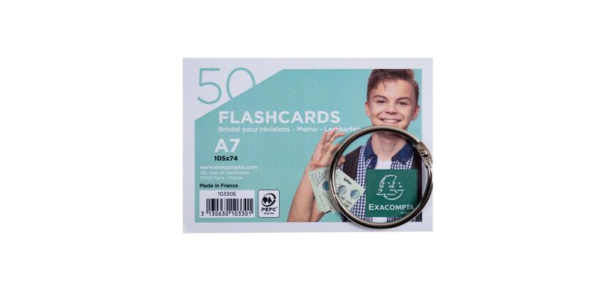 Paquet de 50 Flashcards sous film + anneau - bristol ligné perforé - format A7 - Couleurs assorties