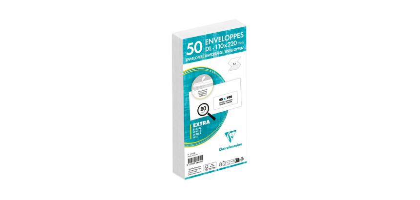Paquet de 50 Enveloppes Blanches DL-110x220mm - Auto-Adhésives - 80g/m2 - Fenêtre Papier Cristal de 45x100 (position 20/20) - Blanc
