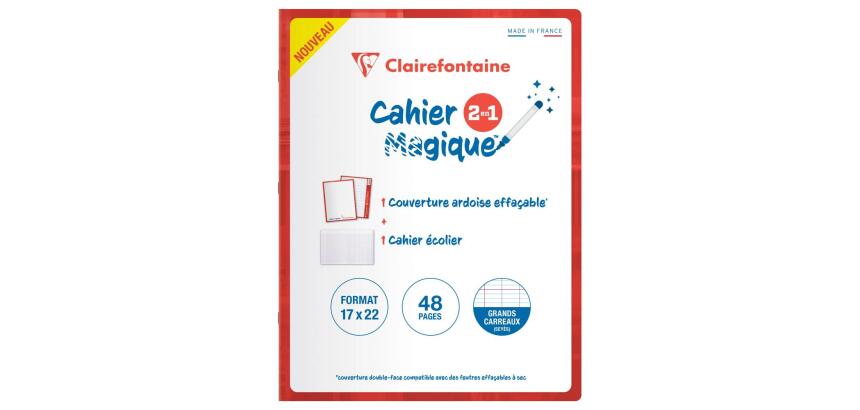 Cahier Magique couverture ardoise double-face effaçable piqué 17x22cm 48 pages grands carreaux (Seyès tricolore) - Rouge