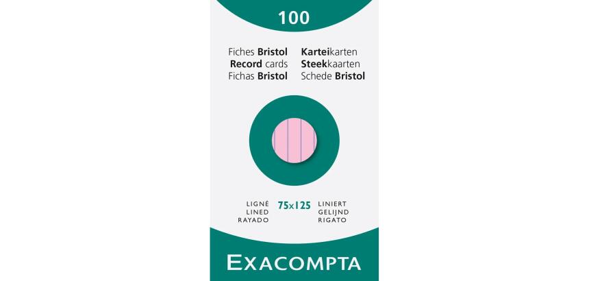 Étui de 100 fiches - bristol ligné non perforé 75x125mm - Rose