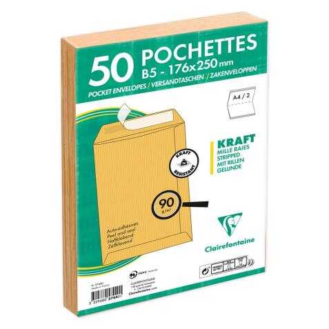 Paquet de 50 Pochettes Kraft Milleraies Brun B5-176x250 mm - Auto-Adhésives - 90g/m2 - Brun