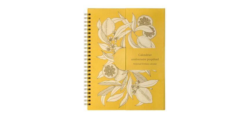 Jardin des Sens, Calendrier anniversaire perpétuel 23x17 cm, 50 pages imprimées, fermeture aimantée pour affichage sur la table.