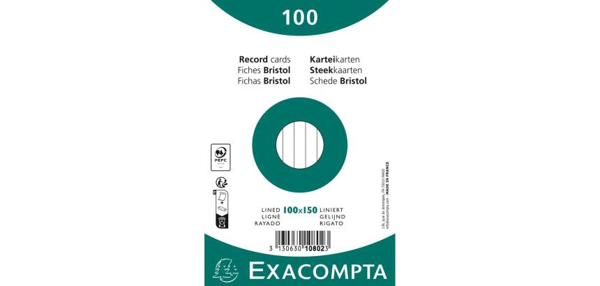 Paquet 100 fiches sous film - bristol ligné non perforé 100x150mm - Blanc
