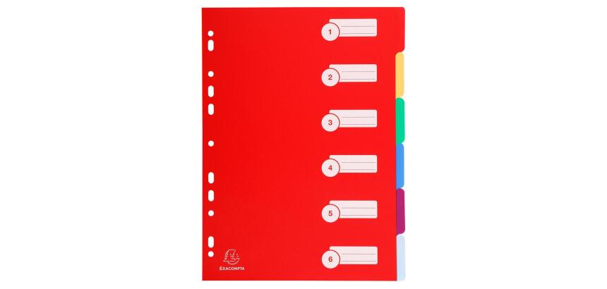 Intercalaires polypropylène opaque semi rigide 6 positions - A4 - Couleurs assorties