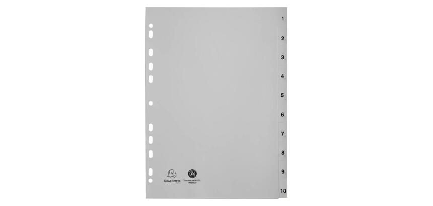Intercalaires imprimés numériques PP gris recyclé - 10 positions - A4 - Gris