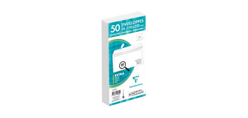 Paquet de 50 Enveloppes Blanches DL-110x220mm - Auto-Adhésives - 80g/m2 - Caisse de 2000 enveloppes. - Blanc