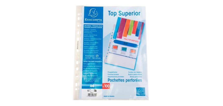 Sachet de 100 pochettes perforées polypropylène lisse Qualité + - A4 - Cristal