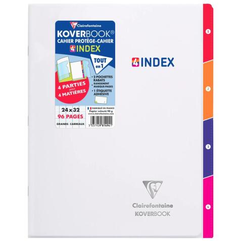 Cahier piqué Koverbook 4 INDEX 24x32cm 96 pages grands carreaux couverture polypropylène transparent - Incolore