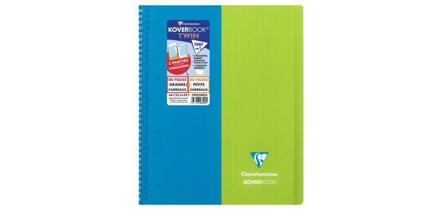 Cahier reliure intégrale enveloppante Koverbook TWIN A4+ 80 pages grands carreaux + 80 pages petits carreaux détachables perforé 4 trous couverture polypropylène bicolore - Assortis