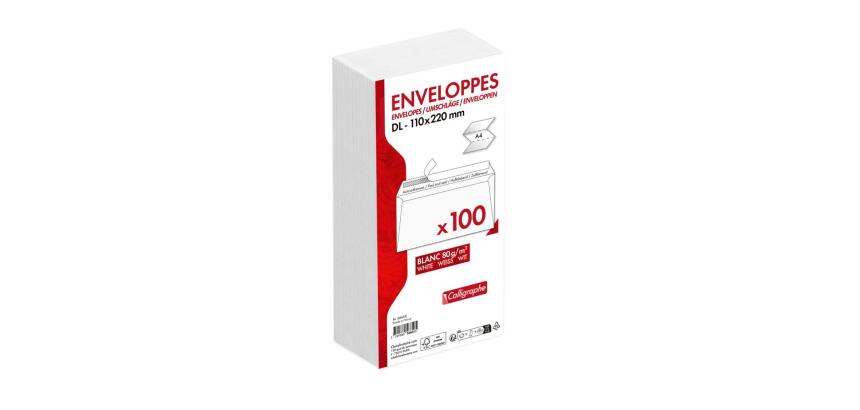 Paquet de 100 Enveloppes Blanches DL-110x220mm - Auto-Adhésives - 80g/m2 - Blanc