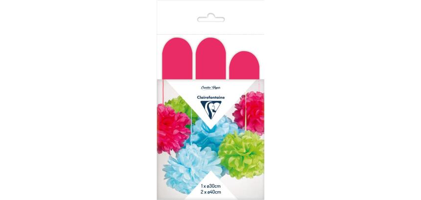 PAPIER DE SOIE, Set de 3 pompons à suspendre Ø30x1 et Ø40x2 - Cyclamen