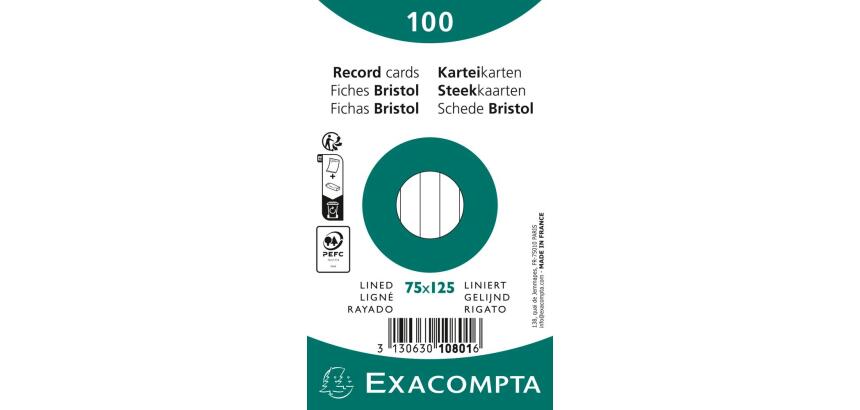 Paquet 100 fiches sous film - bristol ligné non perforé 75x125mm - Blanc