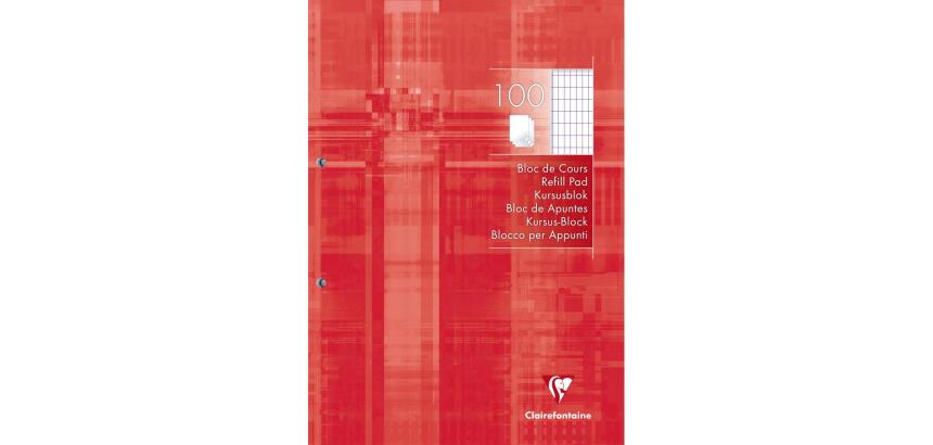 Bloc de cours encollé grand côté A4 200 pages détachables perforées 2 trous quadrillé 4x8 - Rouge coquelicot