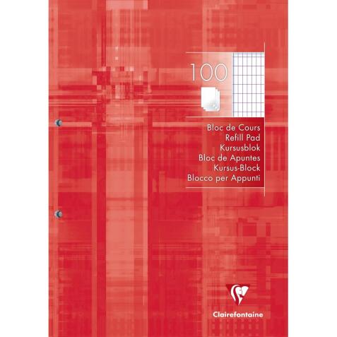 Bloc de cours encollé grand côté A4 200 pages détachables perforées 2 trous quadrillé 4x8 - Rouge coquelicot