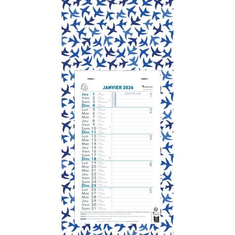 Calendrier mensuel décor Papier avec feuillets détachables 15,5 x 28,5 cm support plaque imprimée 19 x 41 cm 2026 - Couleurs assorties