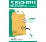 Paquet de 5 Pochettes Kraft Brun E4-260x400 mm avec Soufflet de 30 mm - Auto-Adhésives - 120g/m2 - Brun