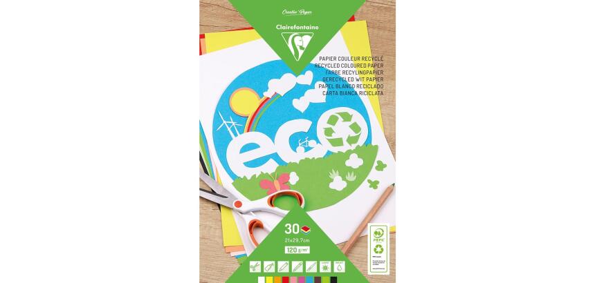 PAPIER COULEUR RECYCLÉ, Bloc de 30 feuilles 120g/m2 au format 21x29,7cm - Assortiment