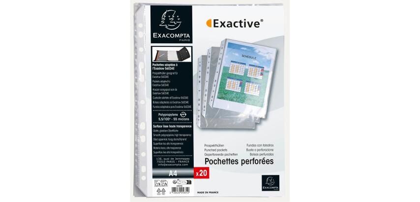 Packung mit 20 Prospekthüllen für das Ringbuch Exashow -aus glattem PP 55µ, für Format DIN A4 - Kristall