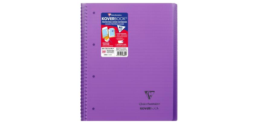 Cahier reliure intégrale enveloppante Koverbook A4+ 160 pages ligné + marge détachables perforé 4 trous couverture polypropylène transparent - Violet