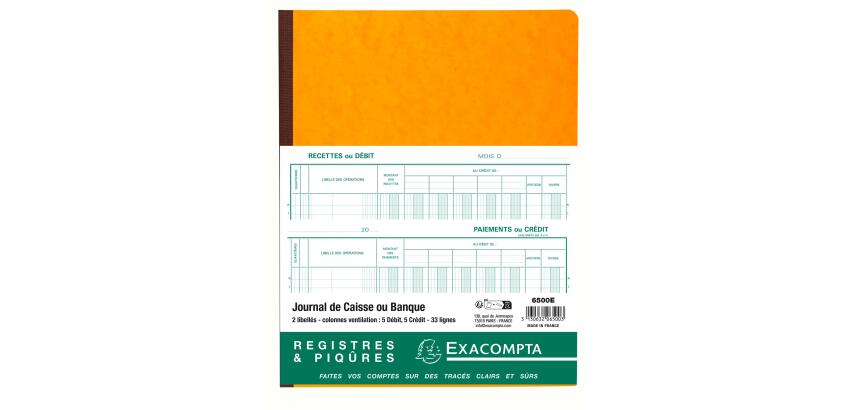 Piqûre 32x25cm Journal de caisse ou banque 5 débit - 5 crédit 33 lignes 80 pages - Couleurs assorties