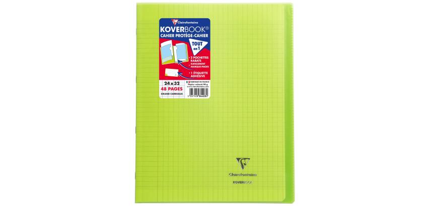 Cahier piqué Koverbook 24x32cm 48 pages grands carreaux couverture polypropylène transparent - Vert