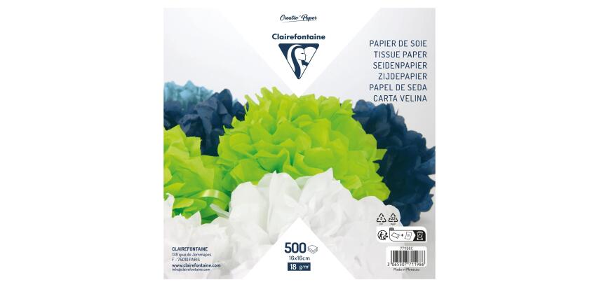 PAPIER SOIE, Paquet de 500 feuilles 18g/m2 au format 16x16cm - Assortiment