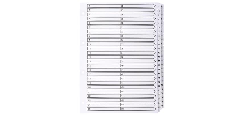 50Z - Separadores Separadores con pestañas impresas cartulina blanca 160 g/m 2 Con pestañas blancas plastifi cadas reforzadas - Blanco