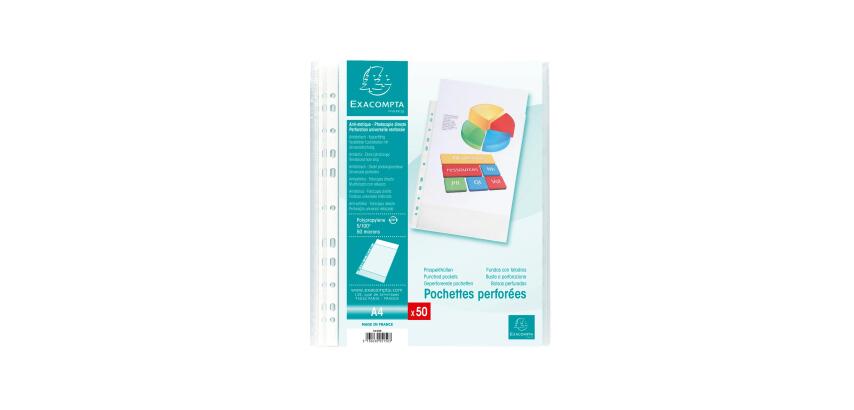 Sachet de 50 pochettes perforées polypropylène grainé 5/100e - A4 - Cristal