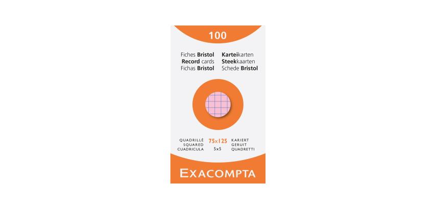 Étui de 100 fiches - bristol quadrillé 5x5 non perforé 75x125mm - Couleurs assorties