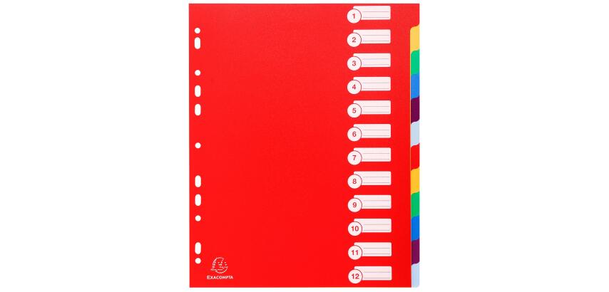 Intercalaires polypropylène opaque semi rigide 12 positions - A4 maxi - Couleurs assorties