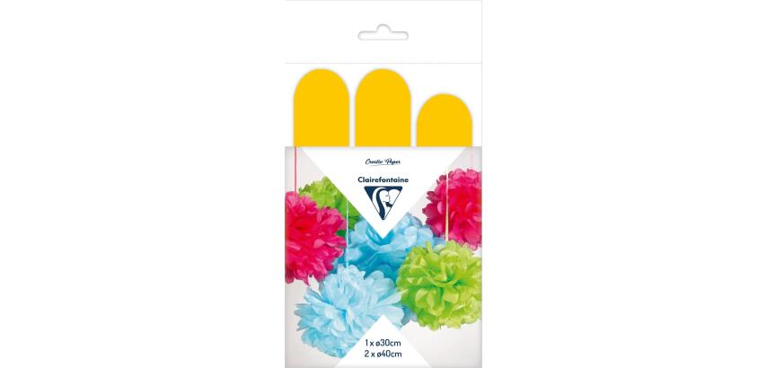 PAPIER DE SOIE, Set de 3 pompons à suspendre Ø30x1 et Ø40x2 - Jaune