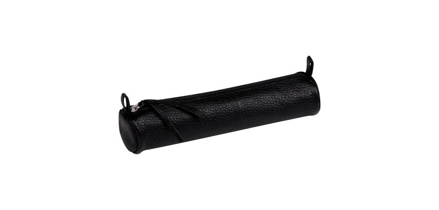 Trousse petite ronde, cuir noir vieilli