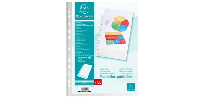 Sachet de 100 pochettes perforées polypropylène grainé 5/100e - A4