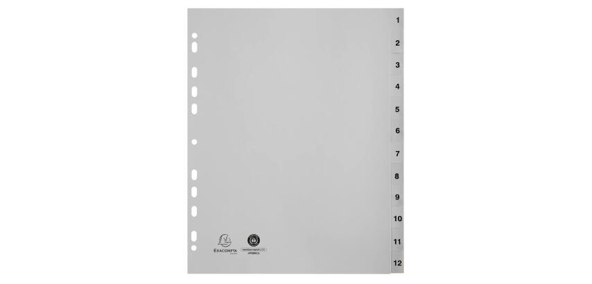 Intercalaires imprimés numériques PP recyclé gris 12 positions - A4 Maxi - Gris