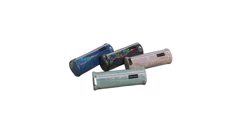 Rundes Schlampermäppchen PU Glitter, 22,5x7,5cm - Farben sortiert